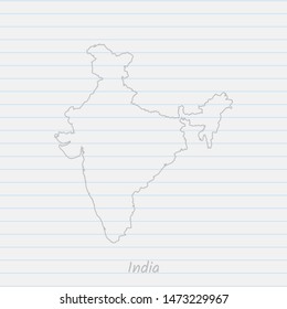 India map hand drawn gray outline on notebook background. Vector Illustration EPS10.