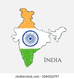 India map hand drawn sketch. Vector concept illustration flag, children's drawing.