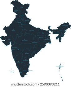 India map high detailed with administrative divide by state, capital cities names, outline simplicity style. Vector illustration EPS10.