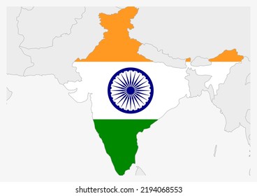 India map highlighted in India flag colors, gray map with neighboring countries.