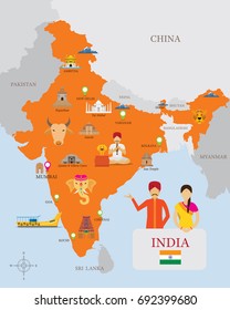 India Map and Icons with People in Traditional Clothing, City, Travel and Tourist Attraction