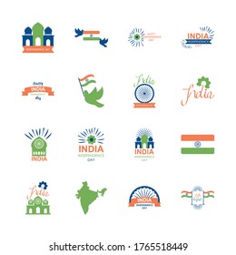 mapa de india e icono del día de la independencia de india sobre fondo blanco, estilo plano, ilustración vectorial