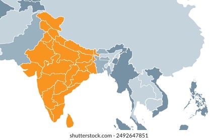 India map with individual colors,isolated on white background for website layouts,background,education, precise,customizable,Travel worldwide,map silhouette backdrop,earth geography, political,reports