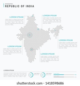 India map infographics with abstract pixelated dot pattern on white background. Stylized map concept with elementsl. - Vector illustration