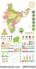 India map and Infographics design elements. On white - Business template in flat style for presentation, booklet, website and other creative projects. 