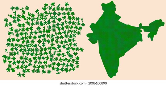 India Map Made Out Of Different Shades Green - National Color - Jigsaw Puzzle Pieces, Scattered Blocks And Finished Version