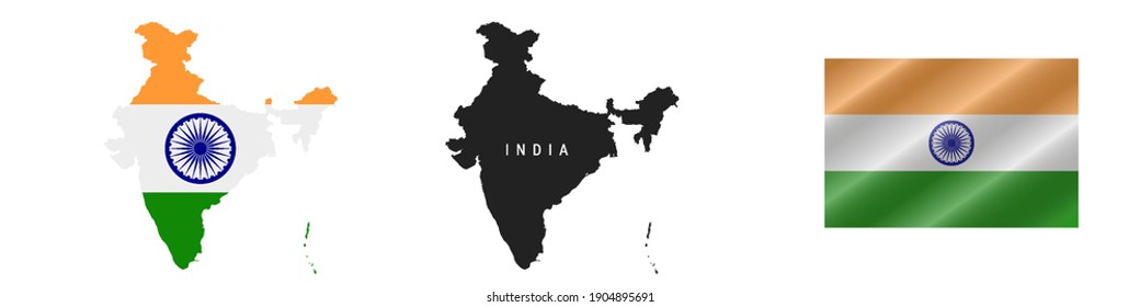 India. Map with masked flag. Detailed silhouette. Waving flag. Vector illustration isolated on white.