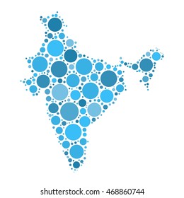India map mosaic of circles in various sizes. Blue dotted vector map on white background.