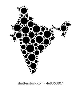 India map mosaic of circles in various sizes. Black dotted vector map on white background.