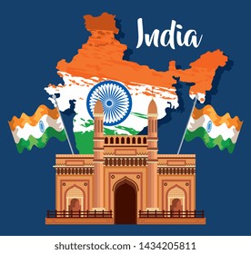 india map with national flag and architecture