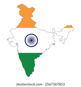 India map in national flag colors. Map illustration of a big Asian country. flag map of India. India country map and flag. EPS vector illustration