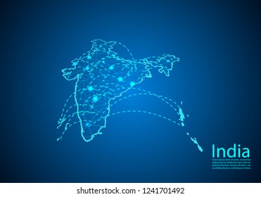 india map with nodes linked by lines. concept of global communication and business. Dark india map created from white dots with travel locations or internet connection.