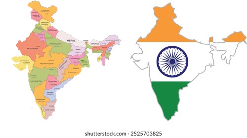 Mapa da Índia O mapa de cores oficial da Índia é apresentado ao lado de um mapa colorido exibindo cidades com nomes rotulados. Este design destaca a diversidade geográfica, ideal para uso educacional e promocional.