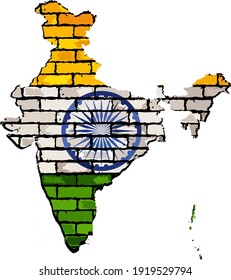 Indische Karte auf einer Ziegelwand - Illustration,
Indische Karte mit Flagge im Inneren