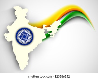 Mapa de India sobre el color de la bandera nacional fondo creativo de la ola con la rueda de Asoka. EPS 10.