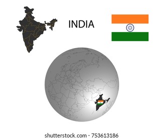 India map on a world map with flag in globe,white background.