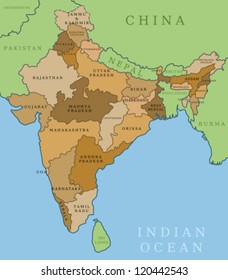 India map. Outline illustration country map with state shapes, names and borders.