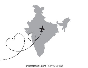 India Map with a Plane Flying on a Heart Shaped Dotted Route