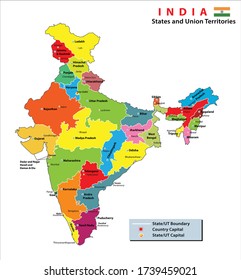 India map. Political Map of India. States and union territories along with their capital cities of India. Map with Regions Colored Vector Illustration. India states and capital new division 2020.