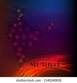 India map of polygonal mosaic lines, rays and space stars of vector illustration.