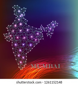 India map of polygonal mosaic lines, rays and space stars of vector illustration.