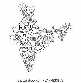 India map with province's name doodle freehand drawing. Vector illustration.