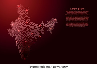 India map from red pattern of the maze grid and glowing space stars grid. Vector illustration.