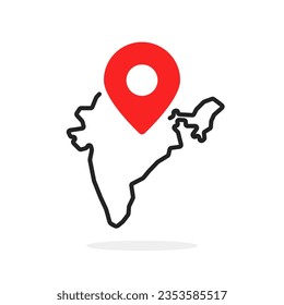 india map with red pin like travel icon. concept of indian border or badge of geography geoloc or trip locator. flat monoline trend modern logotype graphic lineart design element isolated on white