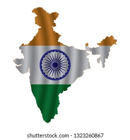 India map with rippled flag on white illustration. Waving Fabric Flag Map of India. Map of Asia. Vector White Background. Vector illustration eps10.