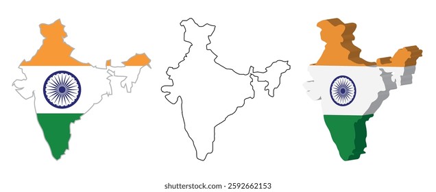 India Map Set . 3D India Map. Official Color and Outline Map . High-Quality Vector Illustration . Detailed India Geography Map for Travel. Education and Design