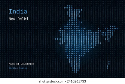 Mapa de India mostrado en el patrón de código binario. TSMC. Números de la matriz azul, cero, uno. Mapas de vectores de países mundiales. Serie digital