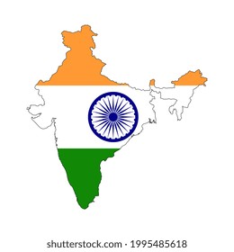 Silueta de mapa de India con bandera sobre fondo blanco
