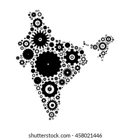 India map silhouette mosaic of cogs and gears. Black vector illustration on white background.