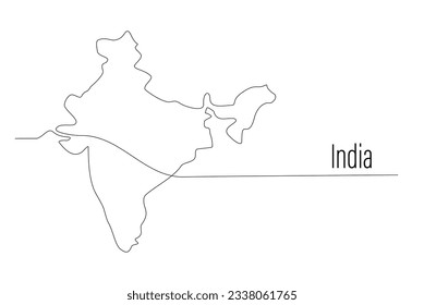 India map single continuous line drawing. Country one line contour map, shape of country. Asian country drawing background. Asia, Eurasia continent. Map silhouette of India. Drawing editable stroke