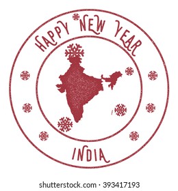 India map stamp. Retro Happy New Year India Stamp. Stylised rubber stamp with India map and Happy New Year text, vector illustration.