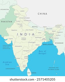 India map state wise marked with state name, highlighting neighbouring countries