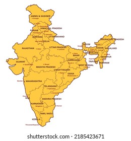 Indiens Karte mit Staaten und Kapitalmarkierungen auf indischen politischen Landkarten, Vektorbild.