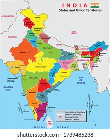 India map. States and union territories of India. India political map with capital New Delhi, national borders, important cities, rivers and lakes. English labeling and scaling. Illustration.