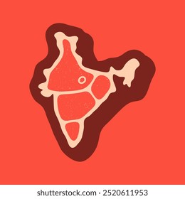 Mapa de India para el logo de carne de bistec. Vector retro negro y rojo platillos de carne ilustración de logotipo. Parrilla gráfica BBQ etiqueta, emblema, símbolo. Insignia de Premium Beef Restaurant