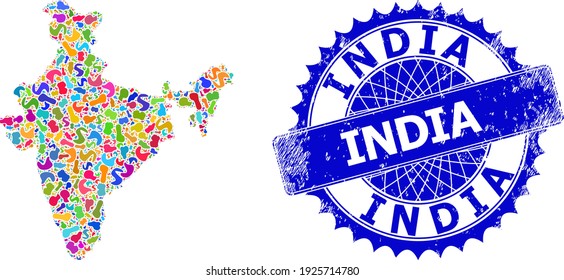 India map template. Splash mosaic map and rubber seal for India. Sharp rosette blue badge with text for India map. Mosaic vector India map created with randomized bright blots.