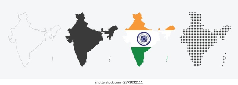 India map in various style outline, grey, flag color, and dotted