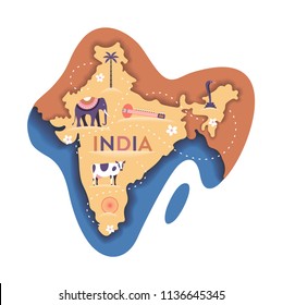 India map, vector flat illustration, white background. Elephant, cow, sitar, palm tree, cobra, lotus flower.