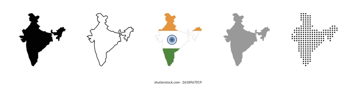 India map vector icon set. Silhouette, states, regions, outline, flag, flat, dotted styles. Vector illustration