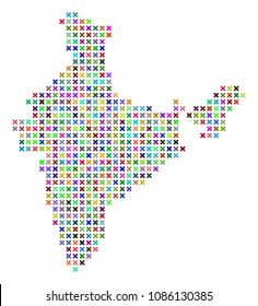 India map. Vector mosaic of geographic scheme. Regular pattern is composed from x-cross elements in random colors. Abstract pixelated India map designed for political and economical posters.