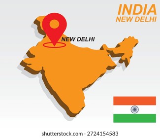 India Map Vetor, New Delhi Capital Marker on Orange 3D Country Shape, Índia Infográfico Design, Ponteiro de Destino Editável Índia Geografia