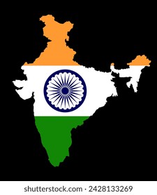 India map vector silhouette illustration isolated on black background. India flag over map. State in Asia.