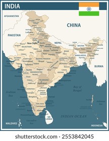 India Map Vector Vintage Dark Blue Beige - Customizable layered political map of India with administrative divisions for website, education, reports, news, politics, print, poster and wallpaper