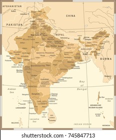 India Map - Vintage Detailed Vector Illustration