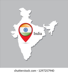 India map with white shadow and country name on the map. Check-in point with a national flag on a gray background.