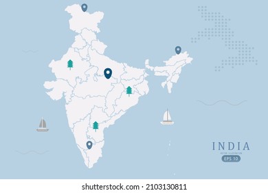 India Map - World Map International vector template High detailed with white color isolated on blue background including simple point of location, tree, boat icon - Vector illustration eps 10